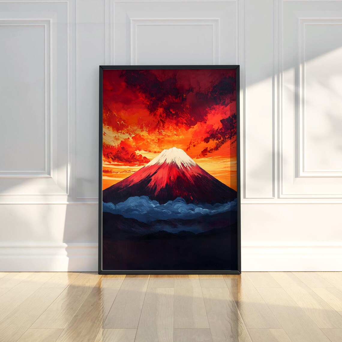 Fiery Mount Fuji Sunset Red Sky Japanese Mountain Painting Poster