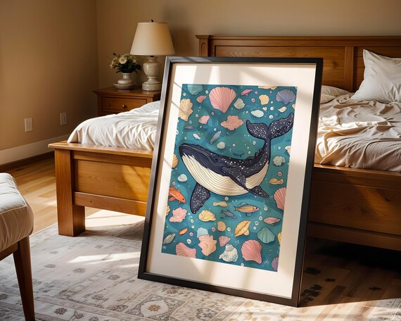 Whale Illustration Seashells Fish Playful Ocean Kids Room Print
