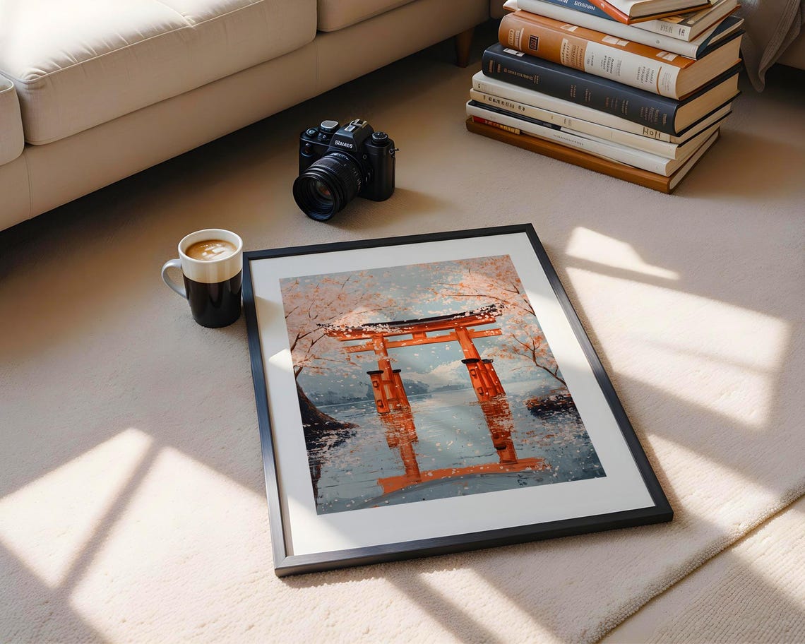 Japanese Torii Gate Cherry Blossoms Water Lake Landscape Print - Image 5