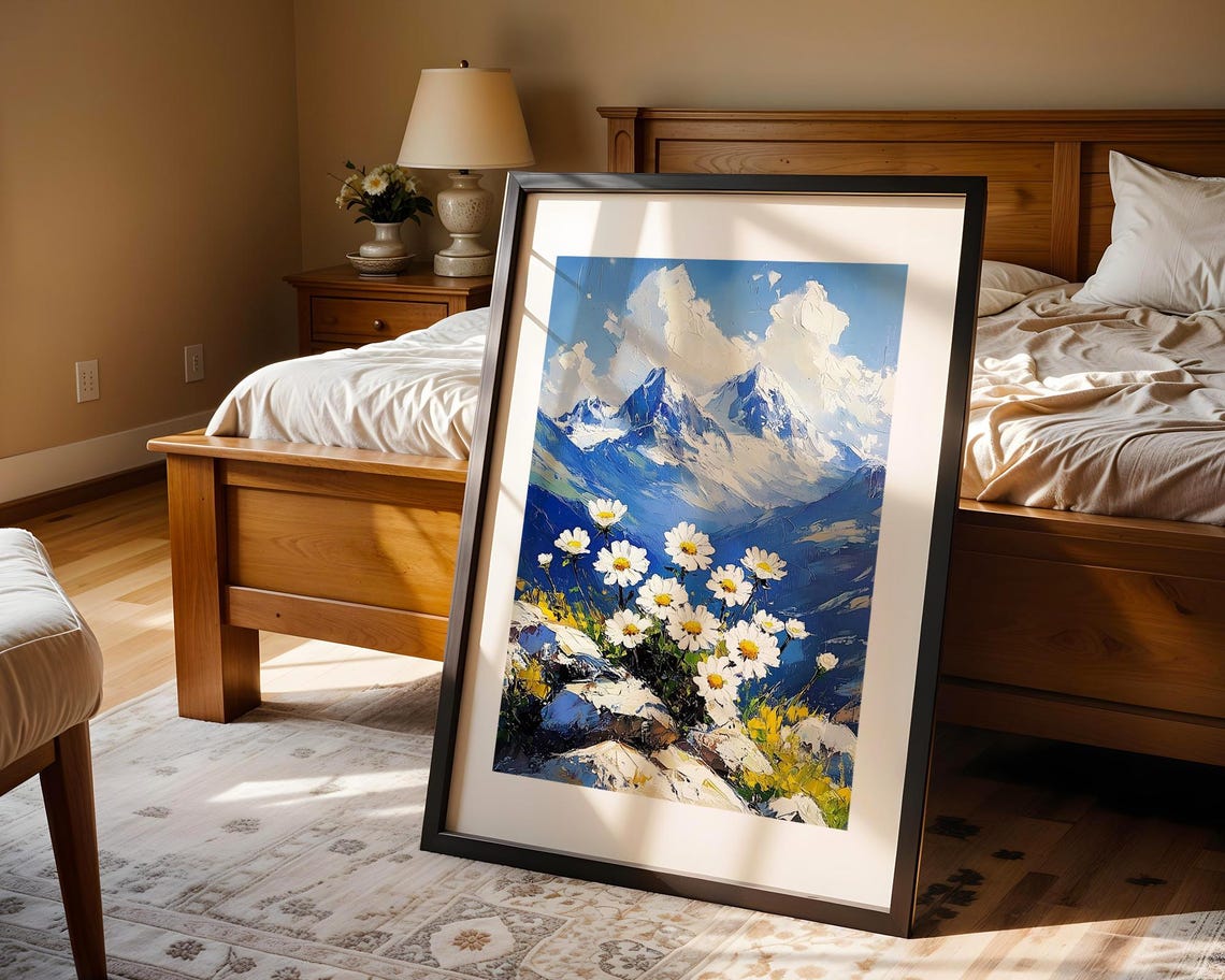 White Daisies Alpine Mountain Peaks Impasto Oil Style Poster - Image 4