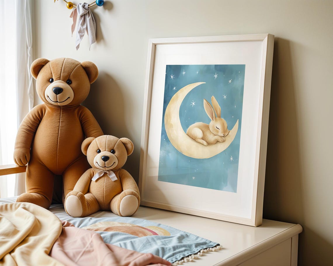 Sweet Sleeping Bunny Curled on Crescent Moon Starry Night Poster - Image 5