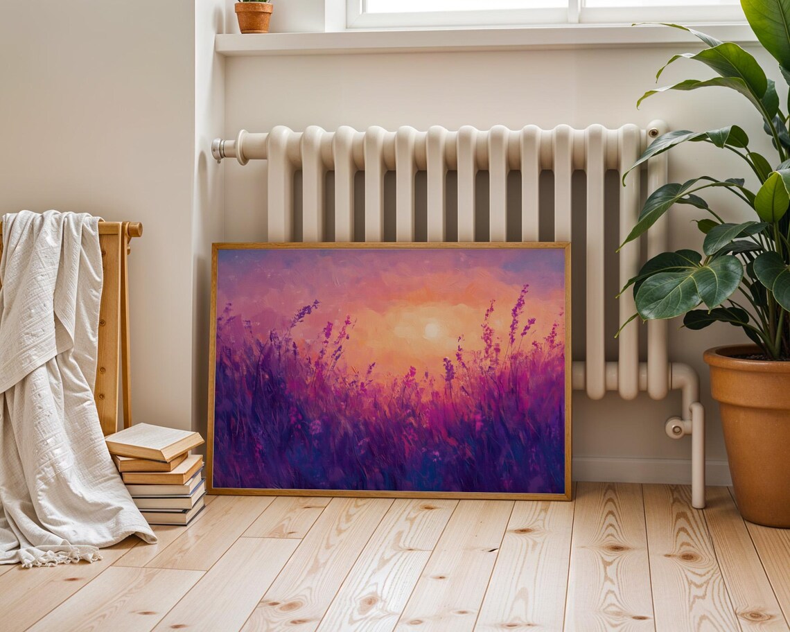 Purple Meadow Grass Sunset Peach Sky Glowing Abstract Art Poster - Image 4