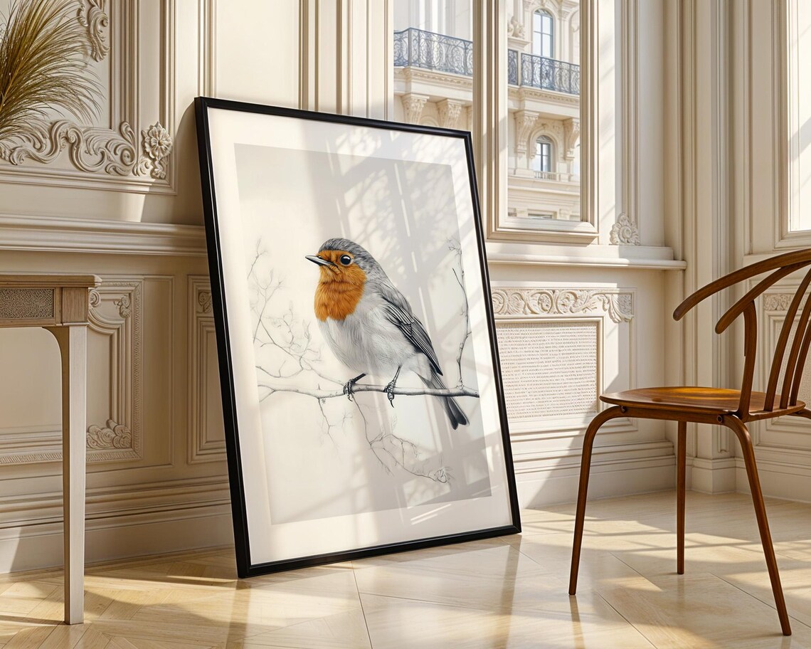 European Robin Bird On Branch Watercolor Portrait Artwork Poster - Image 3
