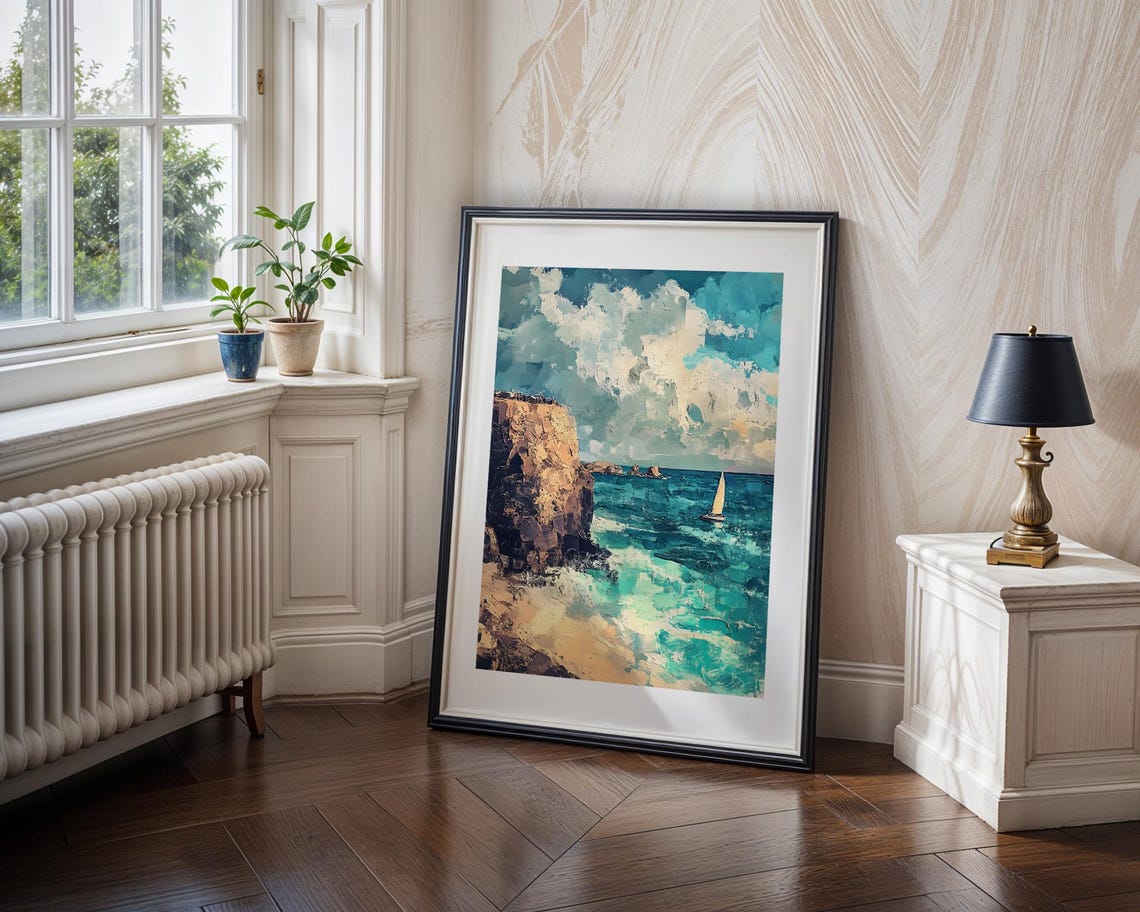 Coastal Cliffs Sailboat Turquoise Sea Impressionist Art Poster - Image 4