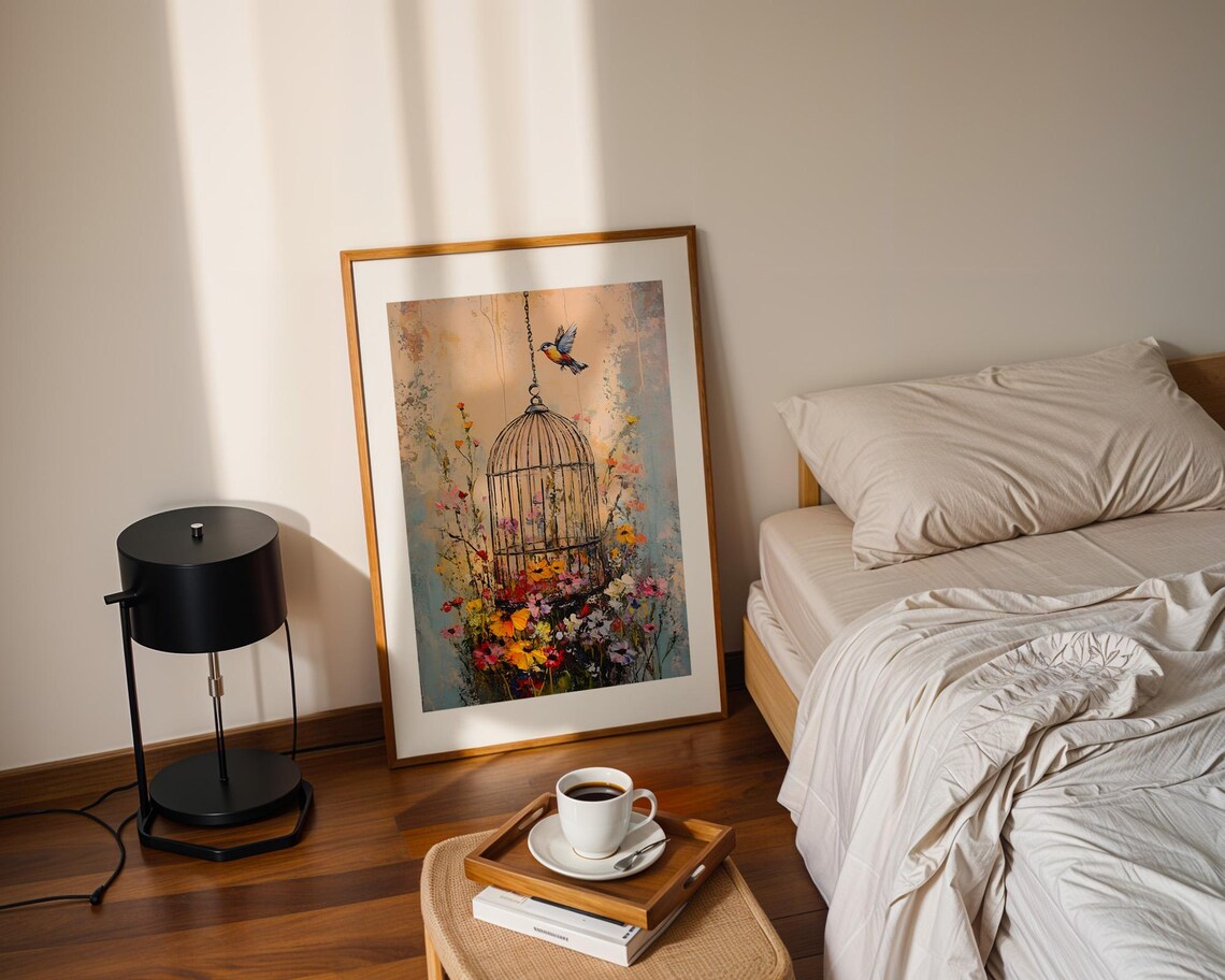Bluebird Freedom Above Birdcage with Wildflowers Painting Poster - Image 2