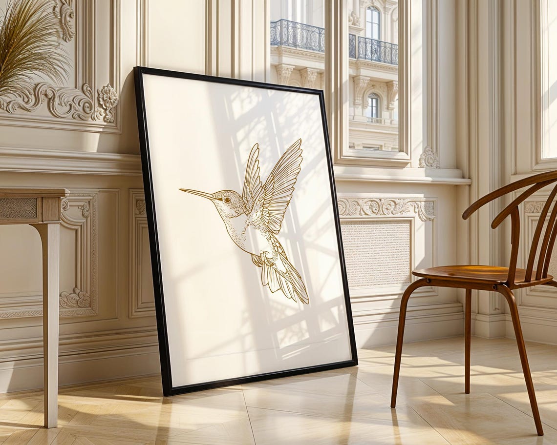 Hovering Hummingbird Gold Line Drawing Minimalist Bird Poster - Image 4