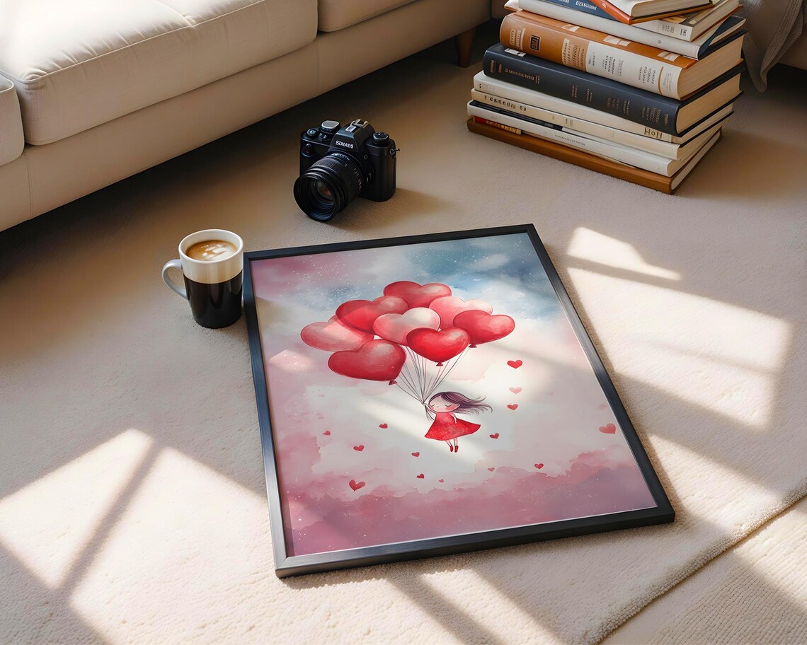 Little Girl Floating With Red Heart Balloons Whimsical Poster - Image 3