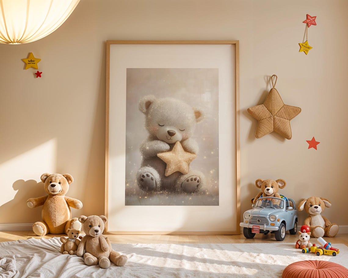 Cute Sleeping Teddy Bear Star Soft Pastel Baby Nursery Wall Art - Image 4