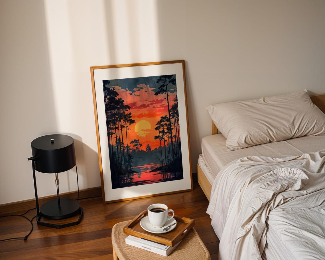 Fiery Sunset Pine Silhouettes Wetland Reflection Forest Poster - Image 2