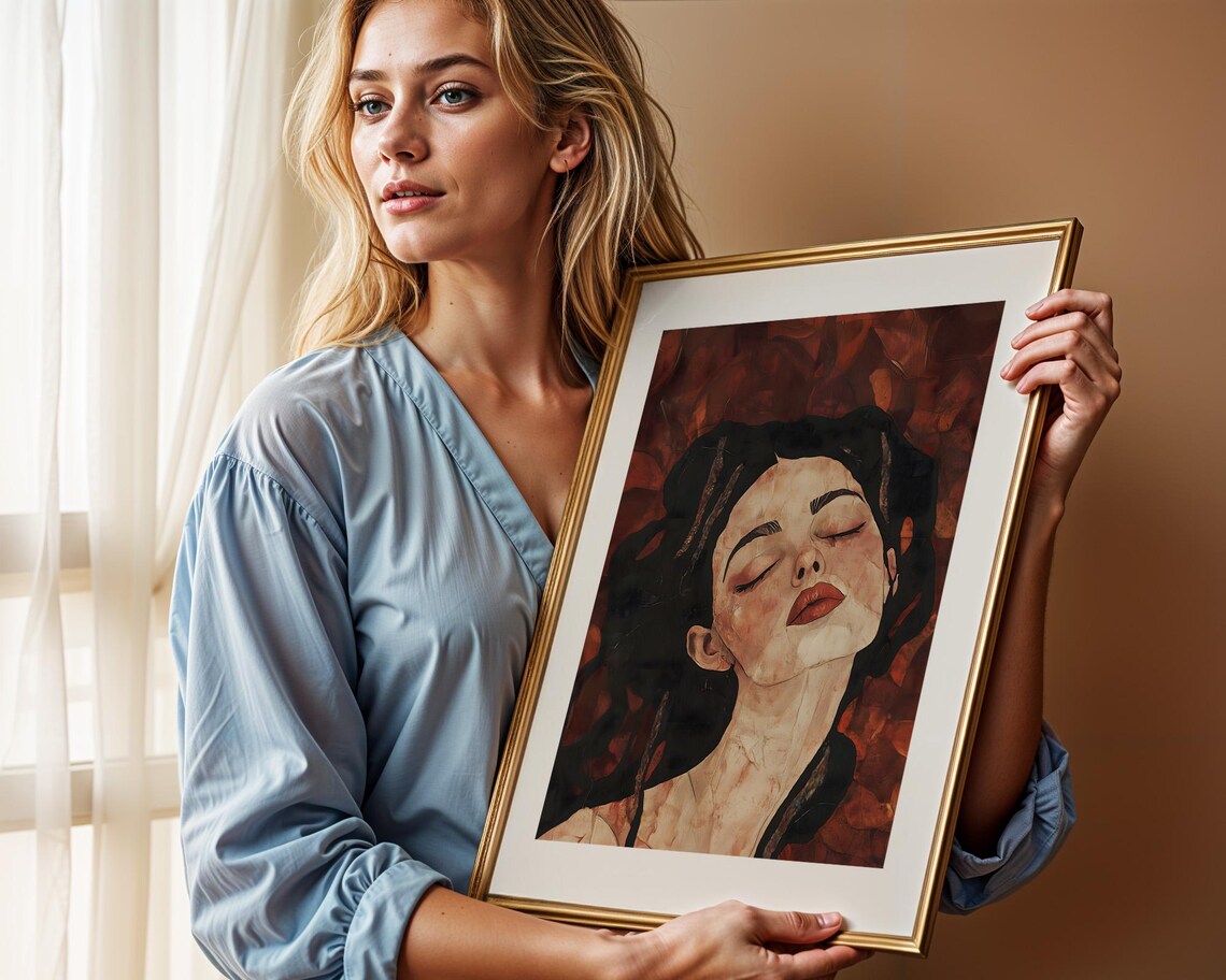 Woman With Closed Eyes Deep Red Expressive Portrait Art Poster - Image 2