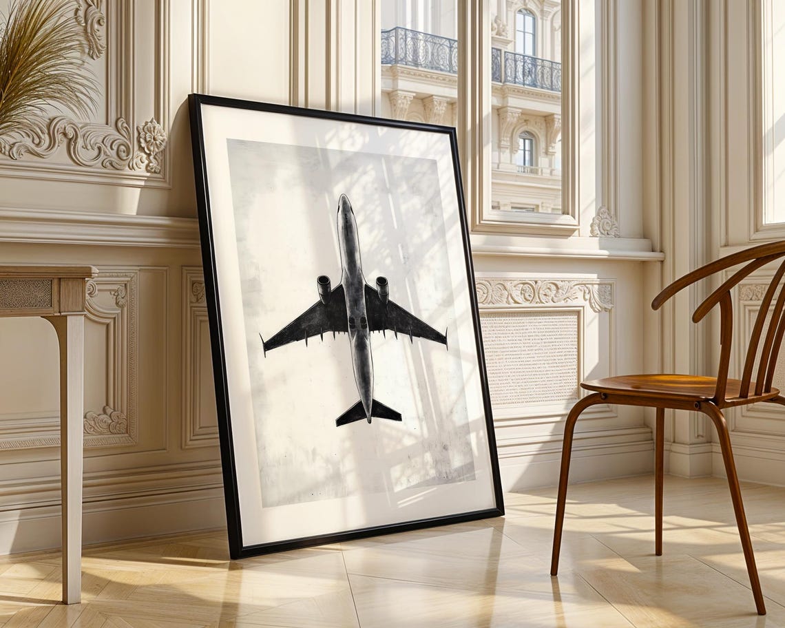 Airplane Top View Black White Sketch Aviation Wall Decor Art Poster - Image 4