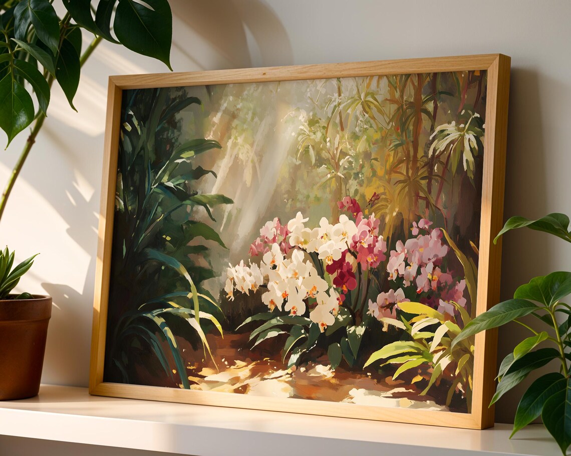 Sunlit Orchid Garden Tropical Flower Painting Landscape Poster - Image 4