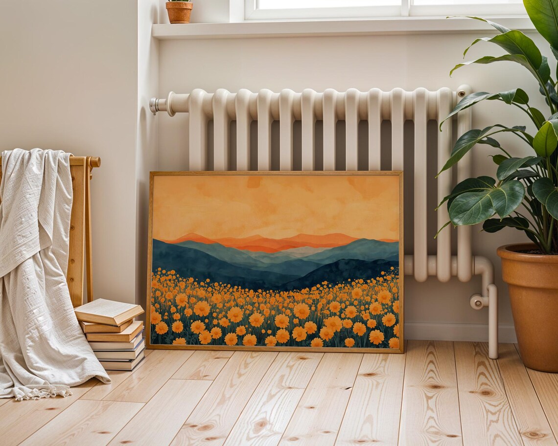 Orange Marigold Flower Field Blue Mountains Sunset Landscape Poster - Image 6