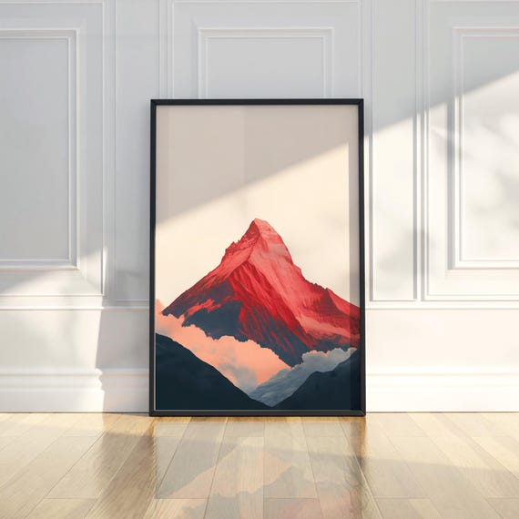 Vibrant Red Mountain Peak Wall Art Print Abstract Landscape Nature Colorful Modern Contemporary Home Decor Living Room Bedroom Office Idea