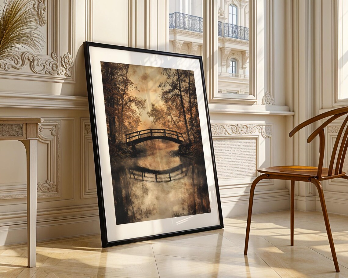 Moody Autumn Bridge Forest Lake Reflection Vintage Art Poster - Image 3