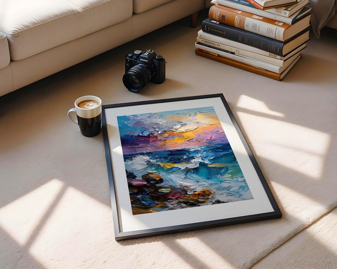 Ocean Sunset Waves Crashing Rocks Impasto Coastal Painting Poster - Image 5