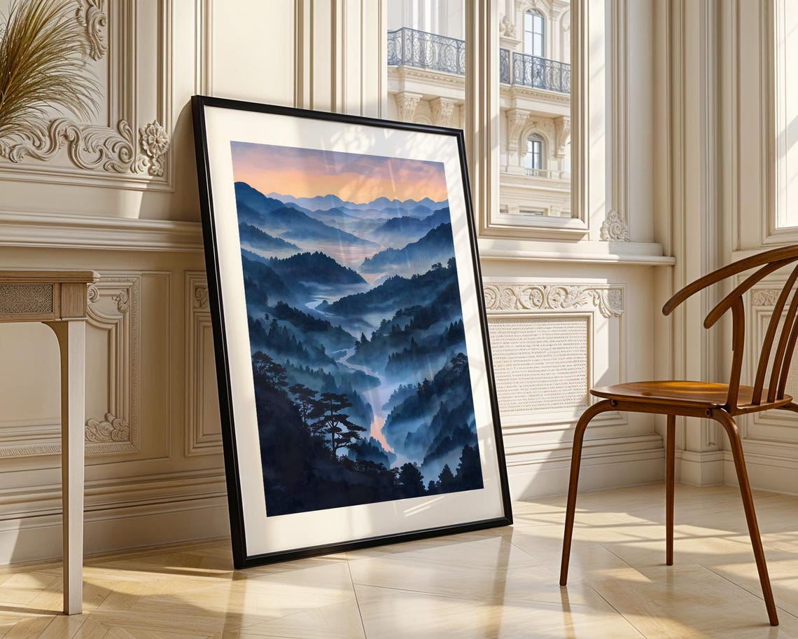 Misty Blue Mountain Valley Sunset River Landscape Nature Poster - Image 4