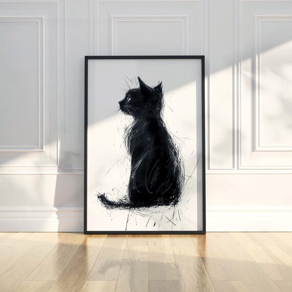 Black Cat Silhouette Ink Sketch Minimalist Feline Animal Wall Art