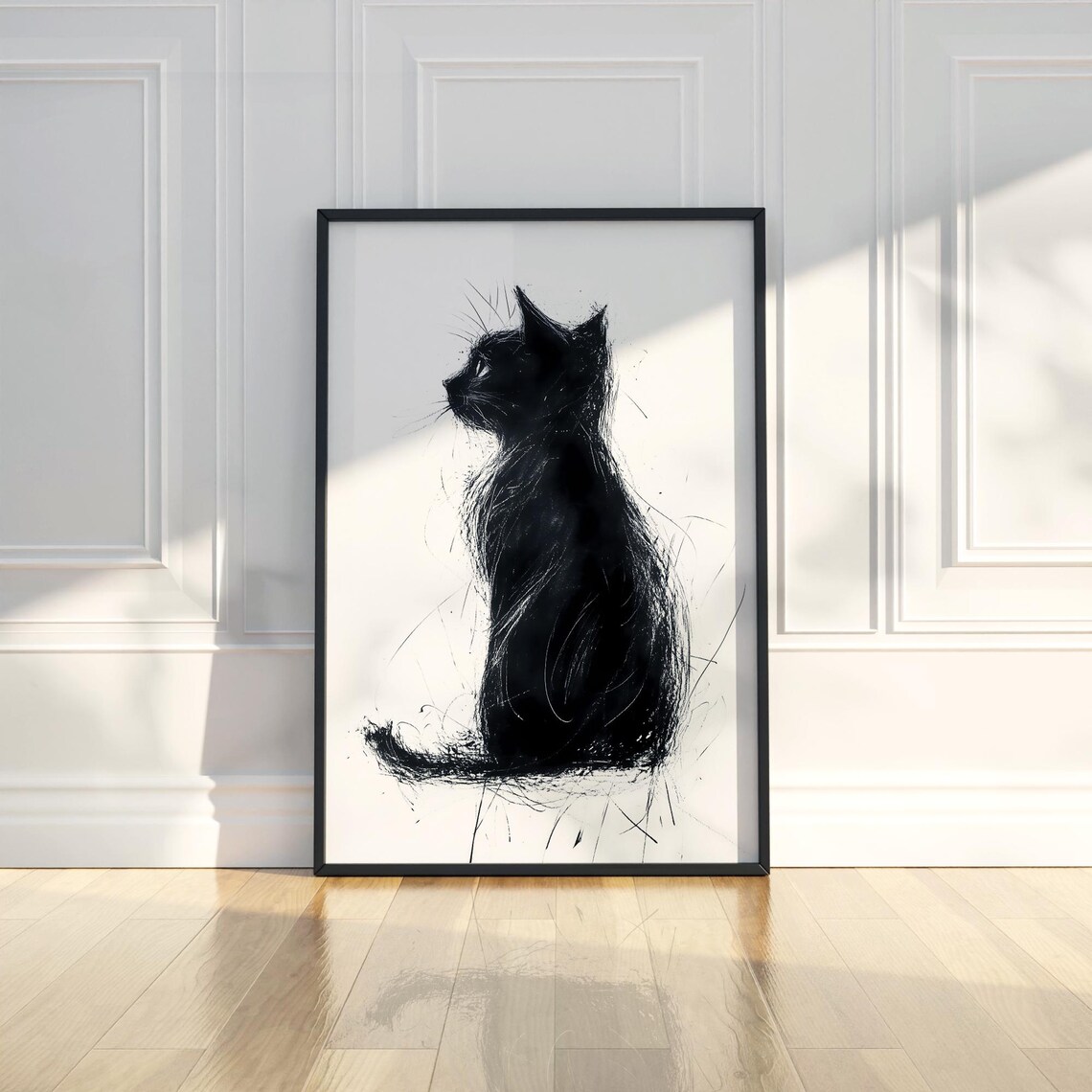 Black Cat Silhouette Ink Sketch Minimalist Feline Animal Wall Art