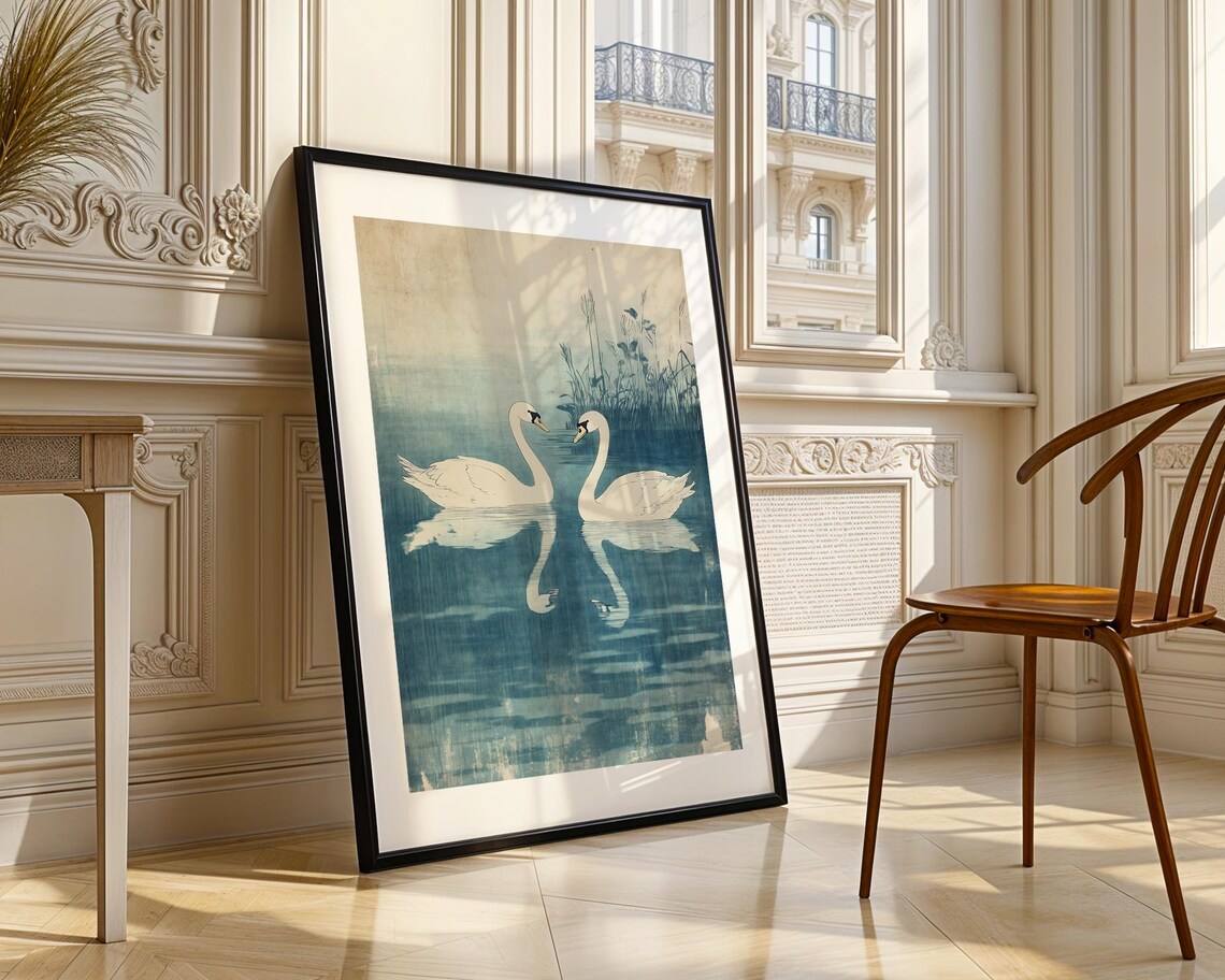 Vintage White Swan Pair Teal Lake Romantic Asian Style Art Poster - Image 3