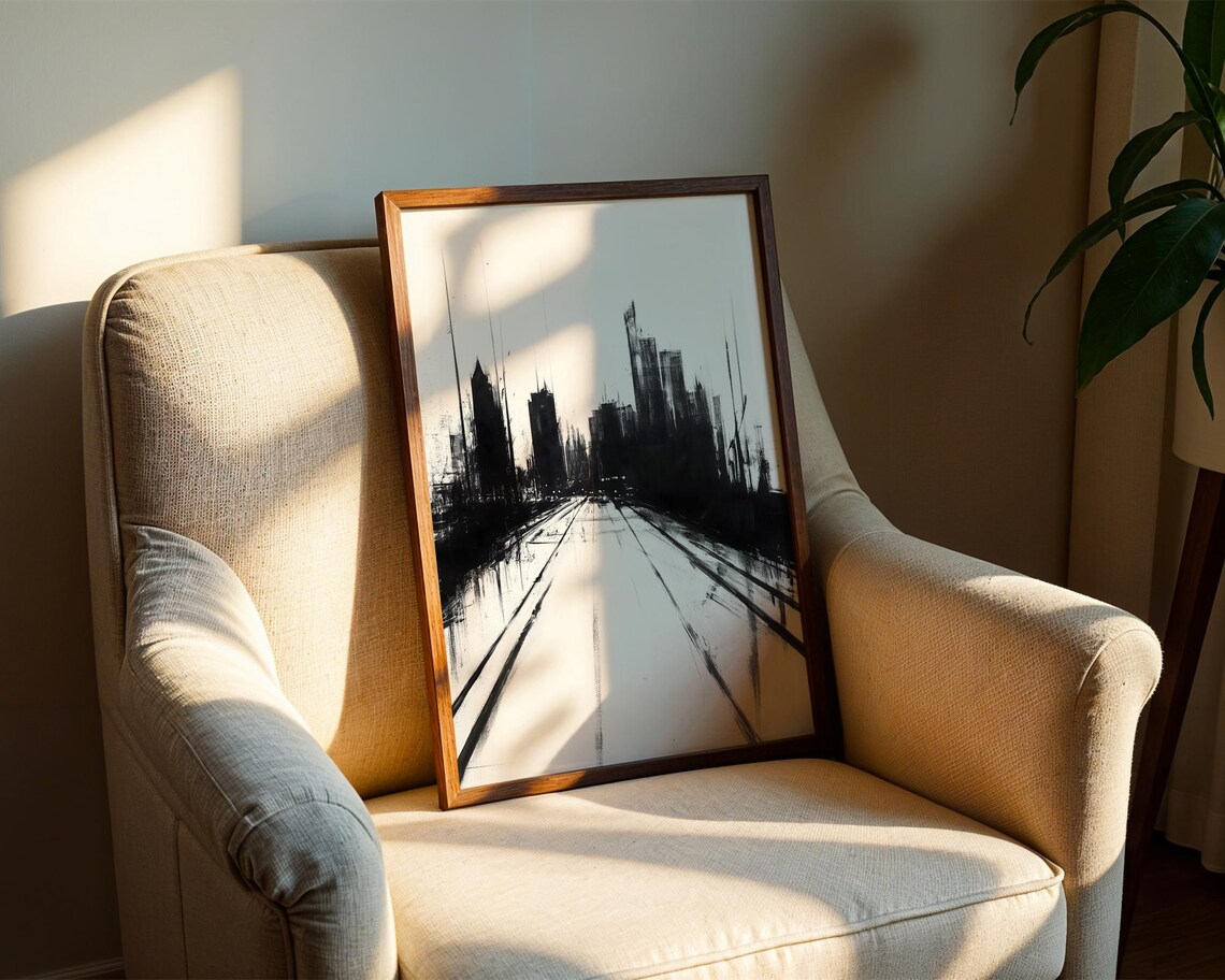 Minimalist Cityscape Charcoal Sketch Modern Urban Street Poster - Image 2