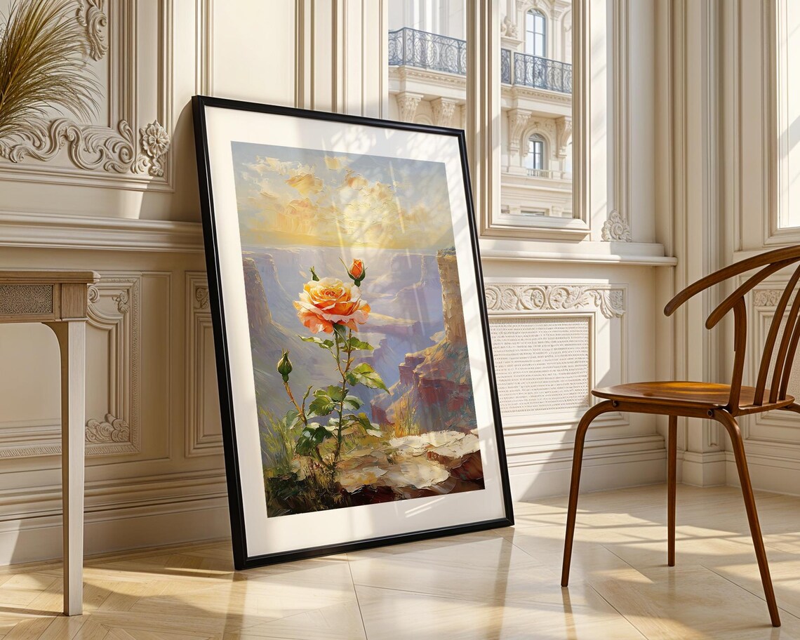 Peach Rose Canyon Sunset Cliff Floral Oil Style Painting Poster - Image 3