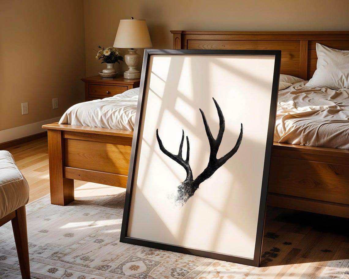 Elegant Rustic Deer Antlers Black Ink Brush Minimalist Art Poster - Image 5