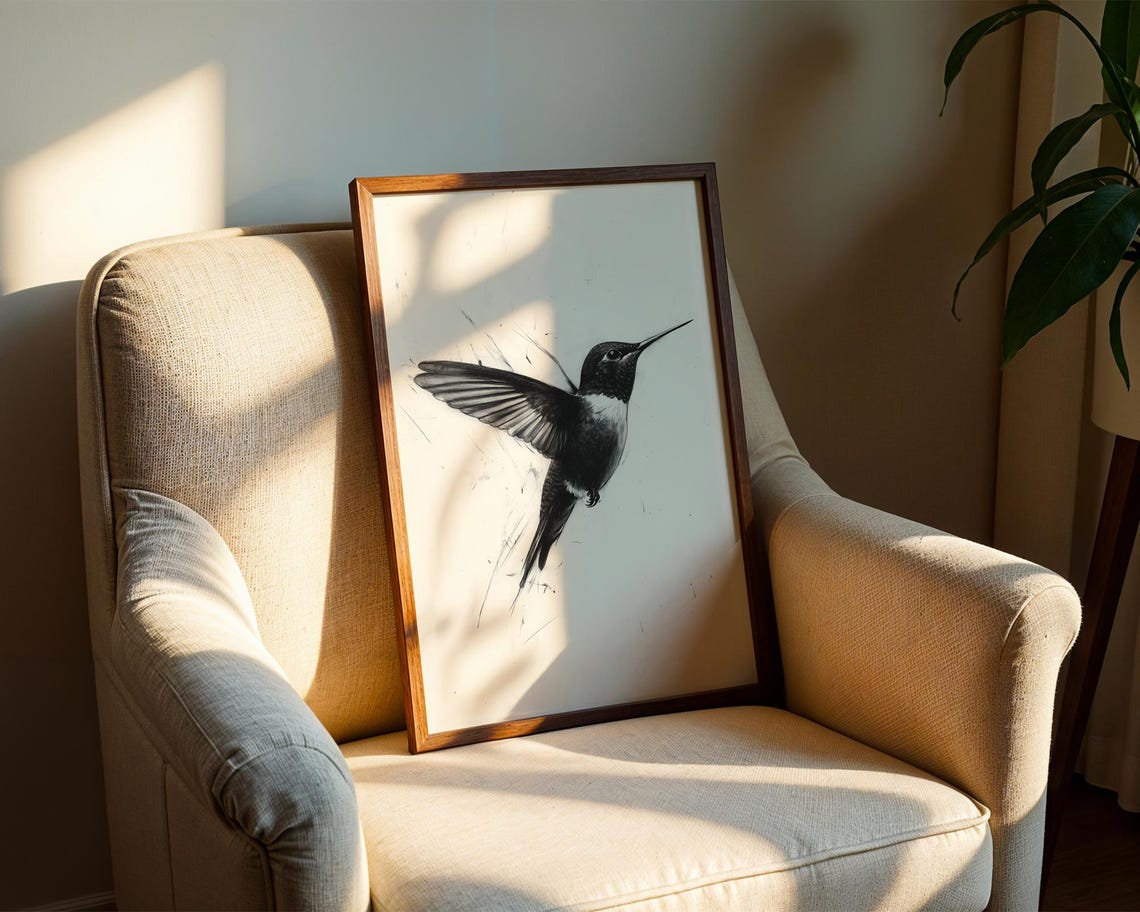 Hummingbird in Flight Black and White Charcoal Sketch Art Poster