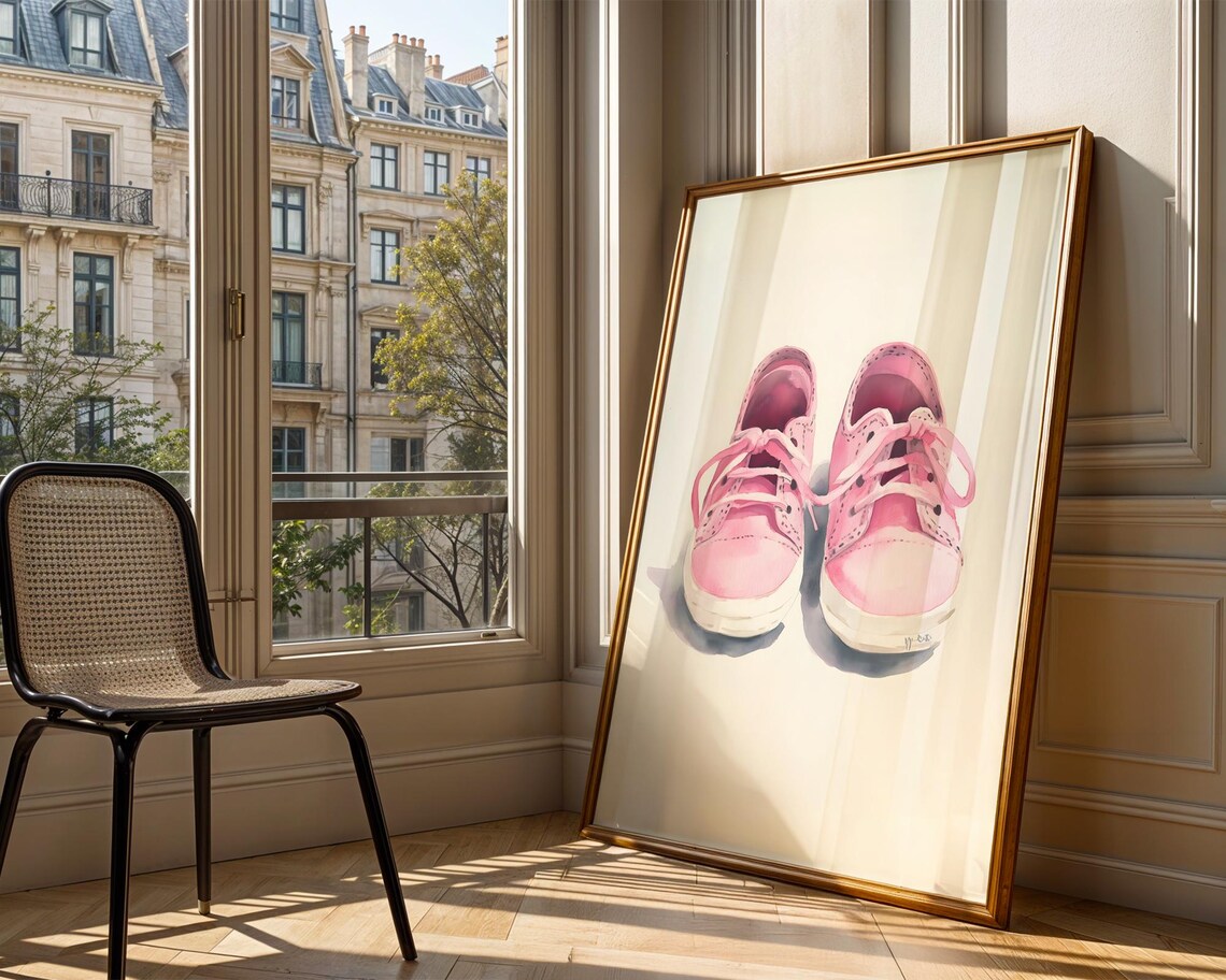 Pink Baby Sneakers On Cream Background Soft Nursery Style Poster - Image 3