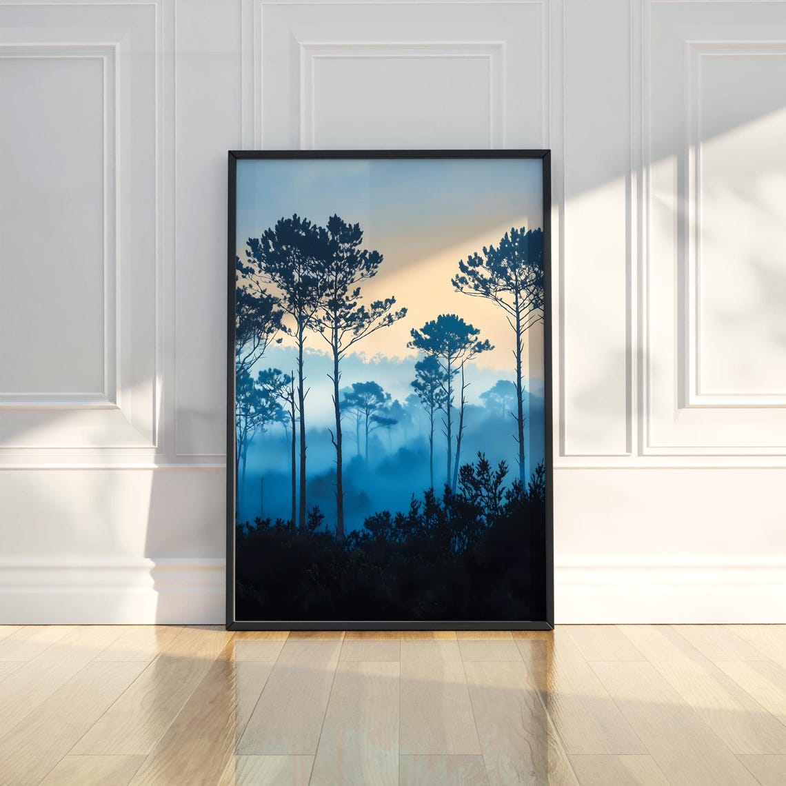 Blue Pine Forest Morning Mist Silhouette Trees Landscape Print
