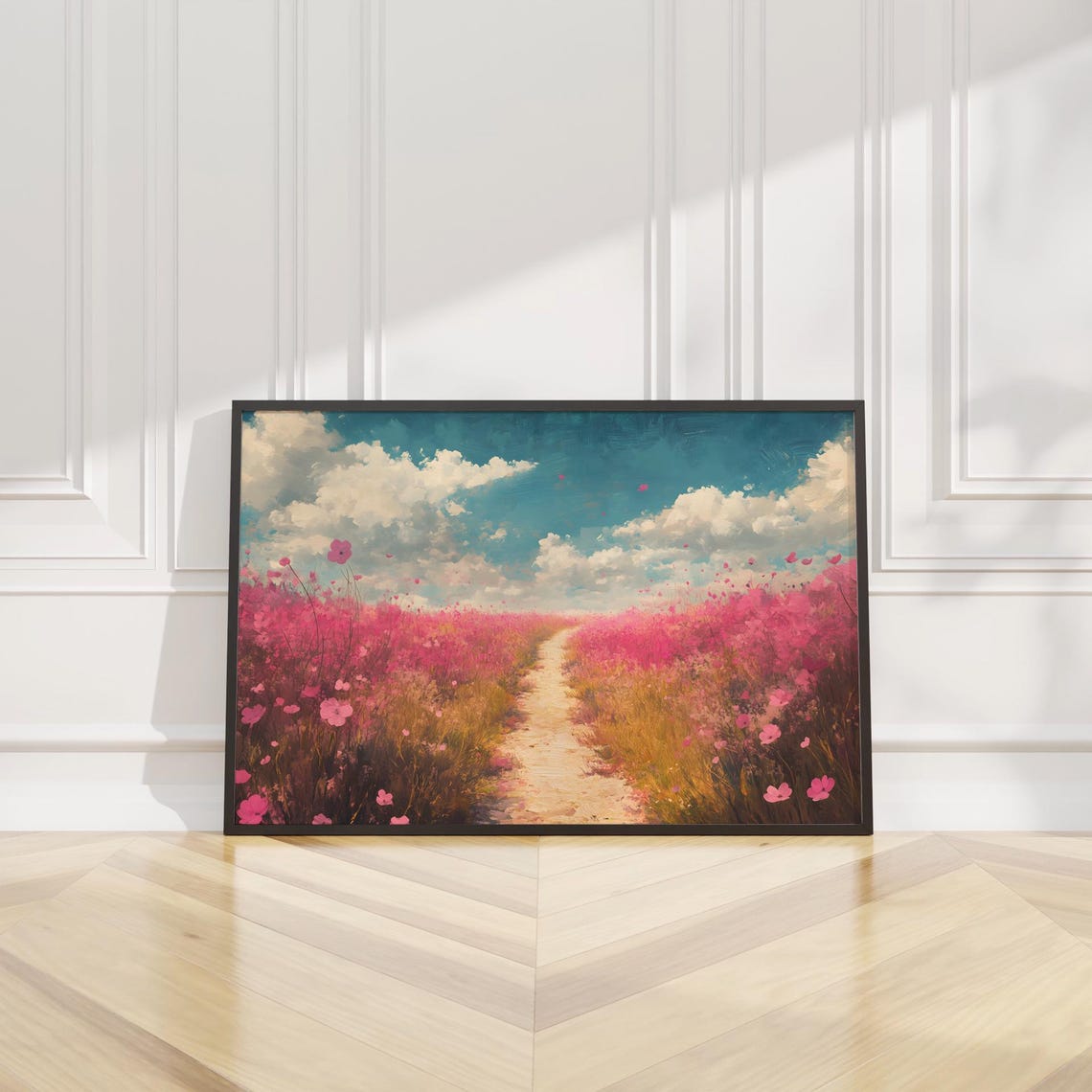 Pink Cosmos Meadow Path Teal Sky Dreamy Wildflower Art Poster