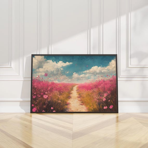 Dreamy Pink Floral Field Path Wall Art Print Oil Painting Romantic Flower Botanical Nature Home Decor Living Room Bedroom Nursery