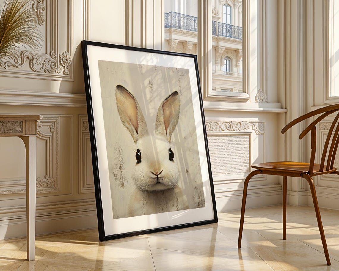 Adorable White Rabbit Portrait Painting Cute Bunny Art Poster - Image 4