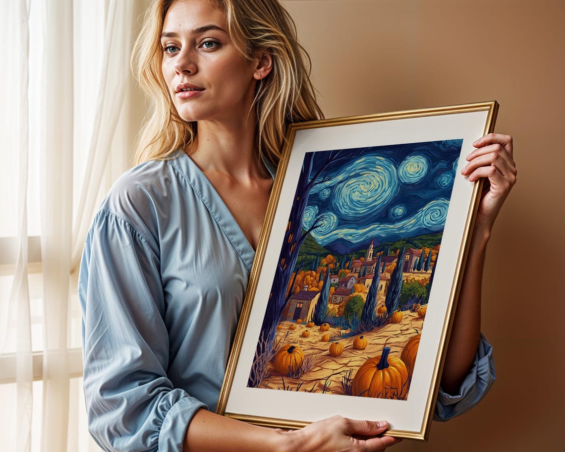 Starry Night Pumpkin Patch Village Fall Cozy Harvest Art Poster - Image 2