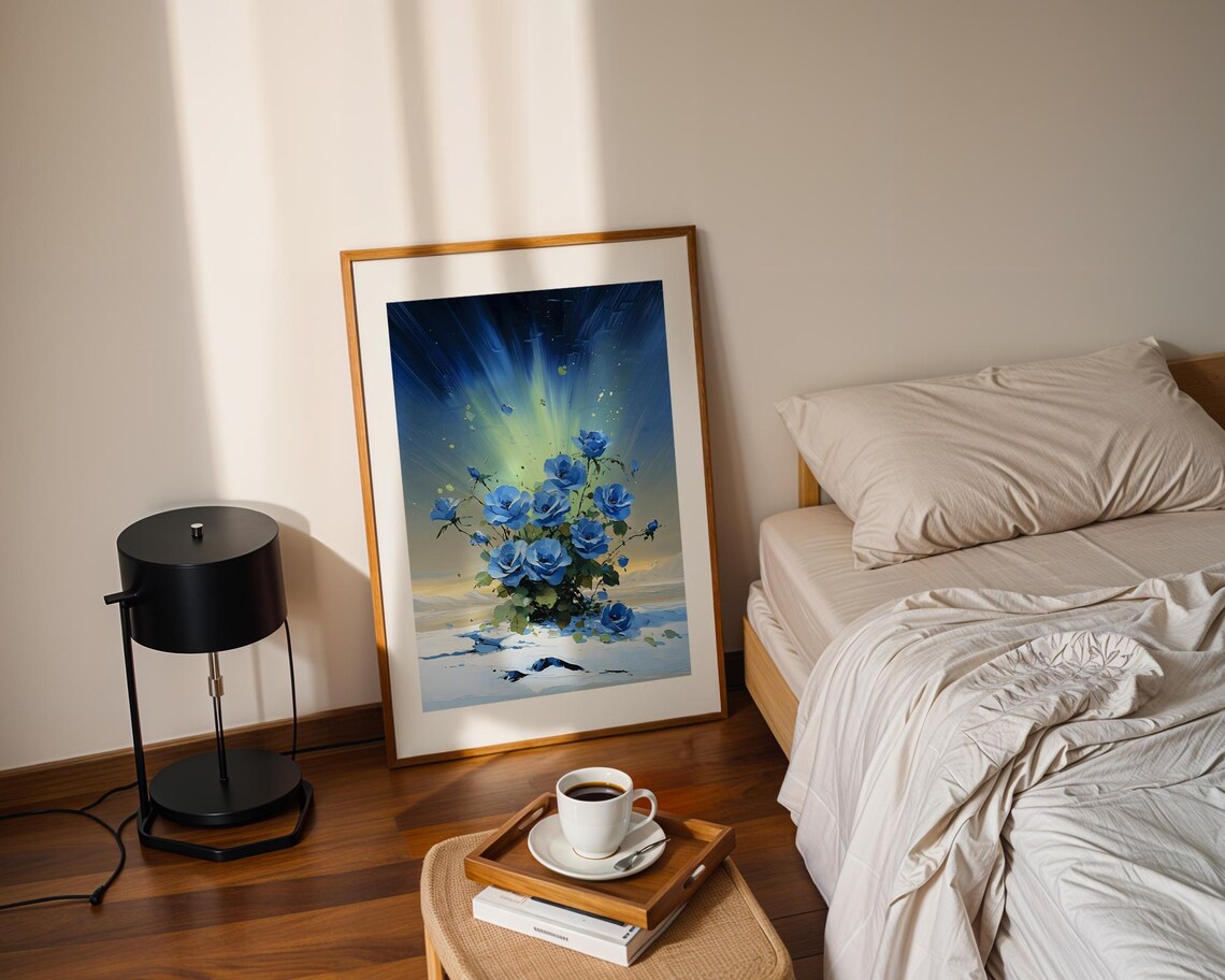Blue Roses Snowy Night Aurora Borealis Winter Oil Painting Poster - Image 2