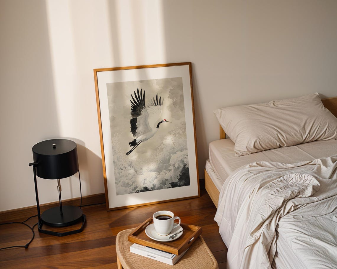 Japanese Crane Bird Flying Ink Wash Ocean Wave Asian Art Poster - Image 2