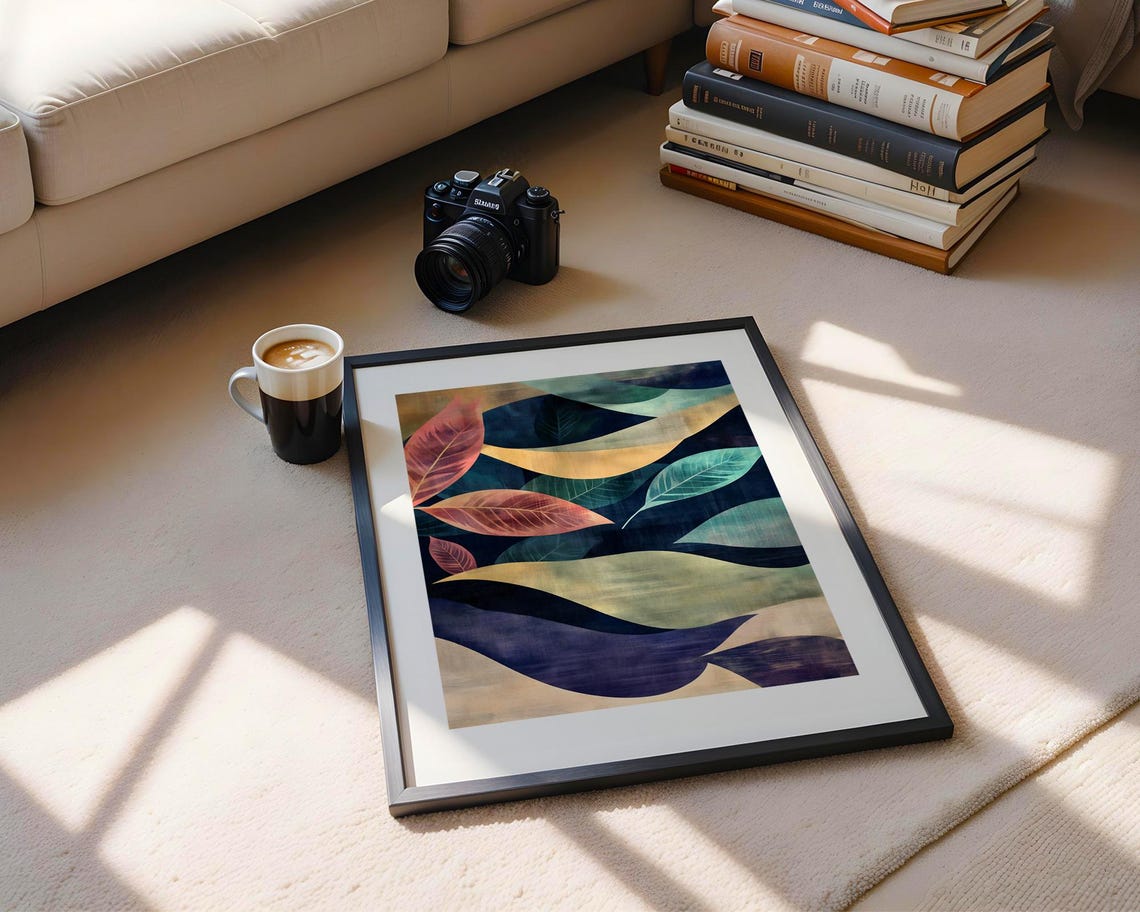 Colorful Abstract Botanical Leaves Navy Blue Waves Art Print - Image 5