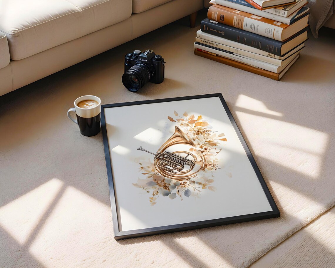Golden French Horn Watercolor Floral Botanical Music Instrument Poster - Image 6