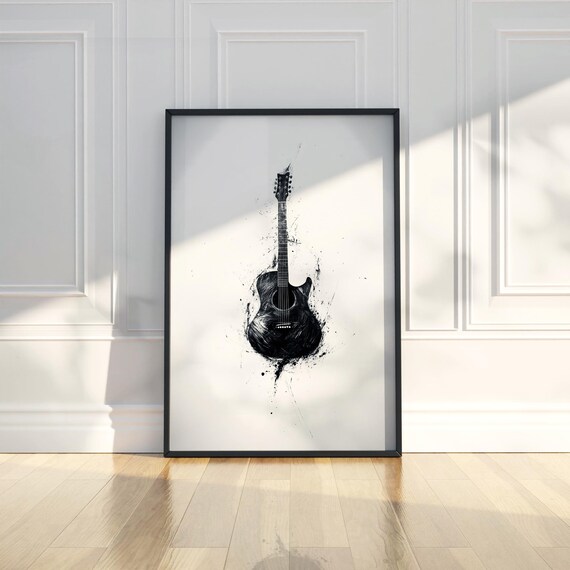 Black Acoustic Guitar Ink Splatter Abstract Rock Music Art Poster