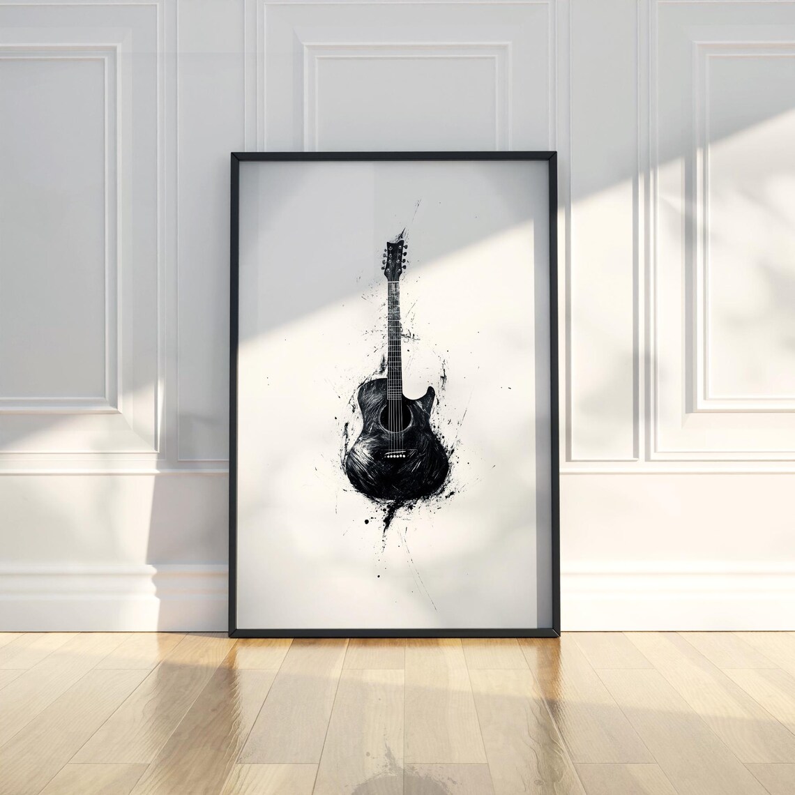 Black Acoustic Guitar Ink Splatter Abstract Rock Music Art Poster