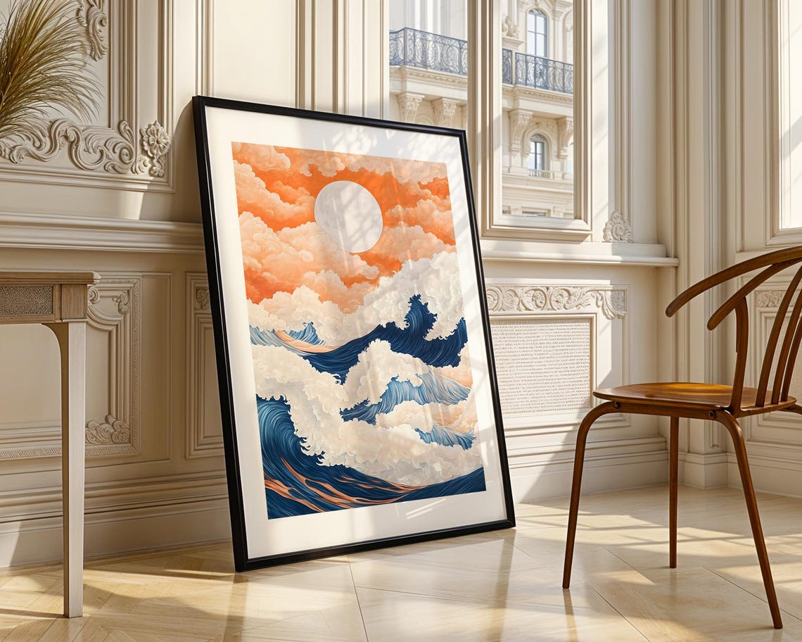 Moonlit Ocean Waves Blue And Orange Dramatic Surreal Seascape Poster