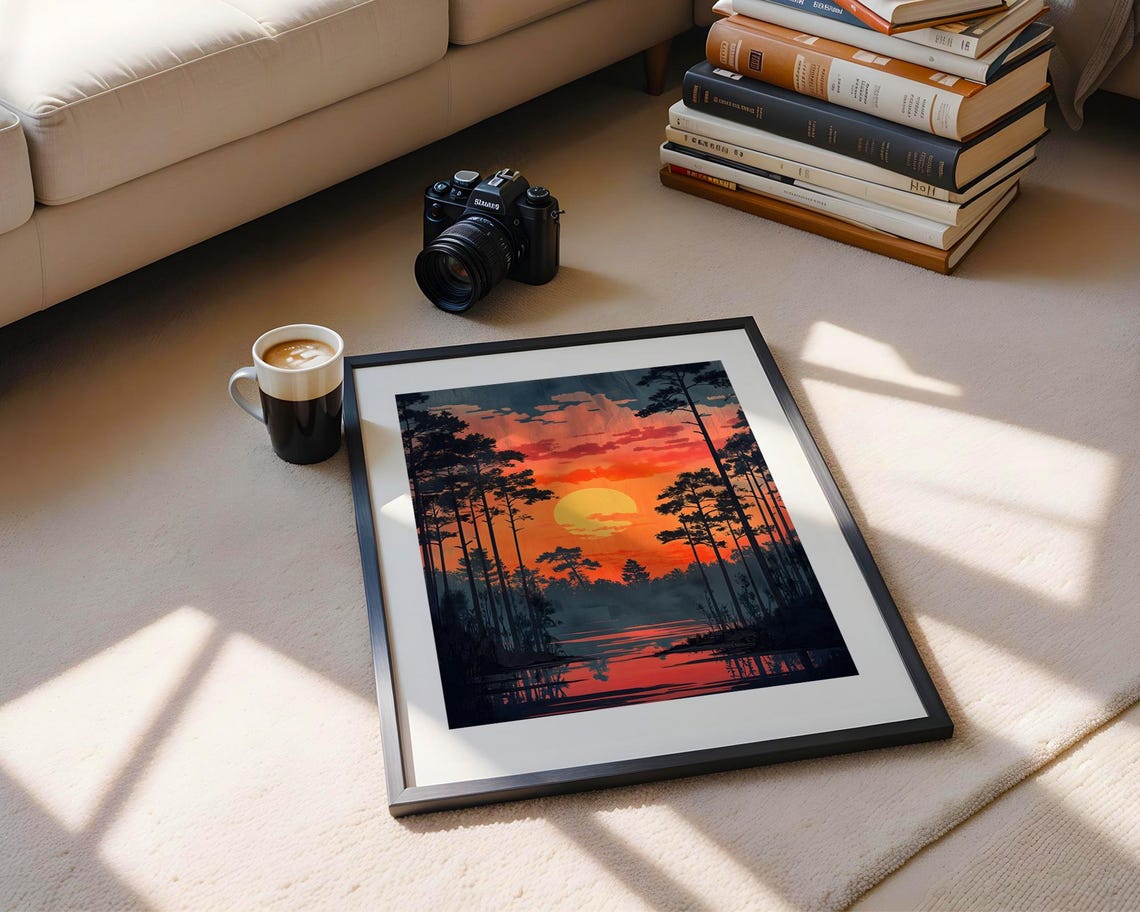 Fiery Sunset Pine Silhouettes Wetland Reflection Forest Poster - Image 5