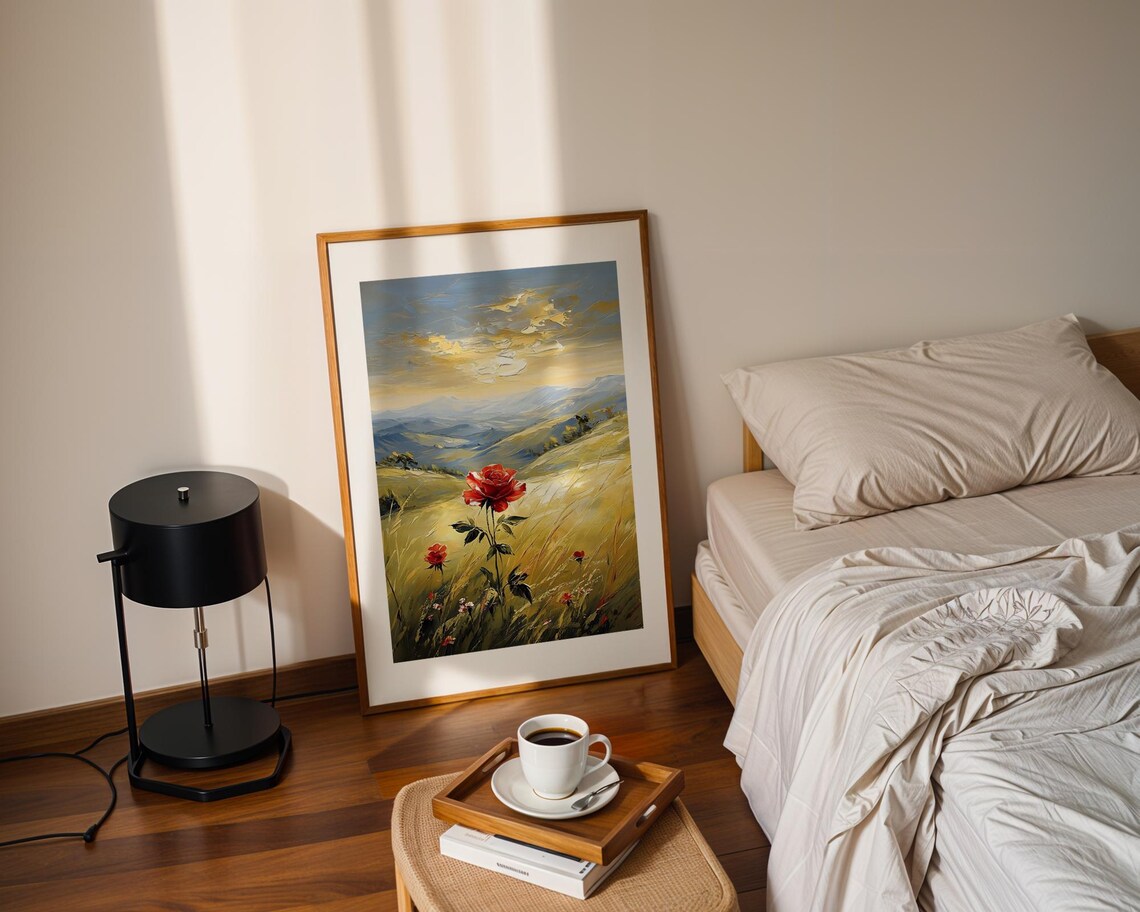 Red Rose Field Mountain Landscape Golden Sunset Oil Painting Poster - Image 2