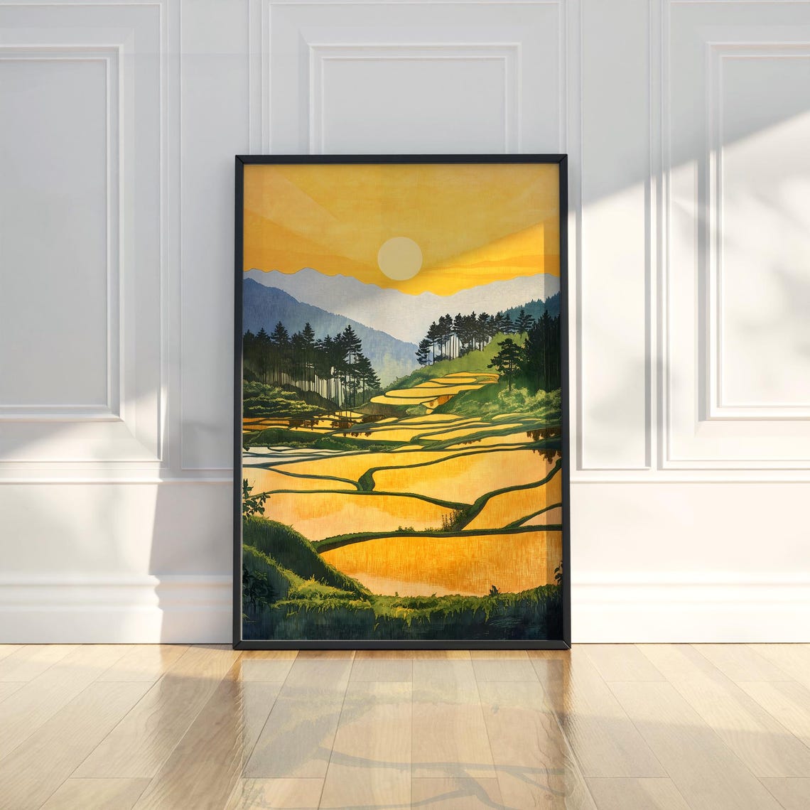 Golden Sunset Over Terraced Rice Paddies Mountain Art Poster