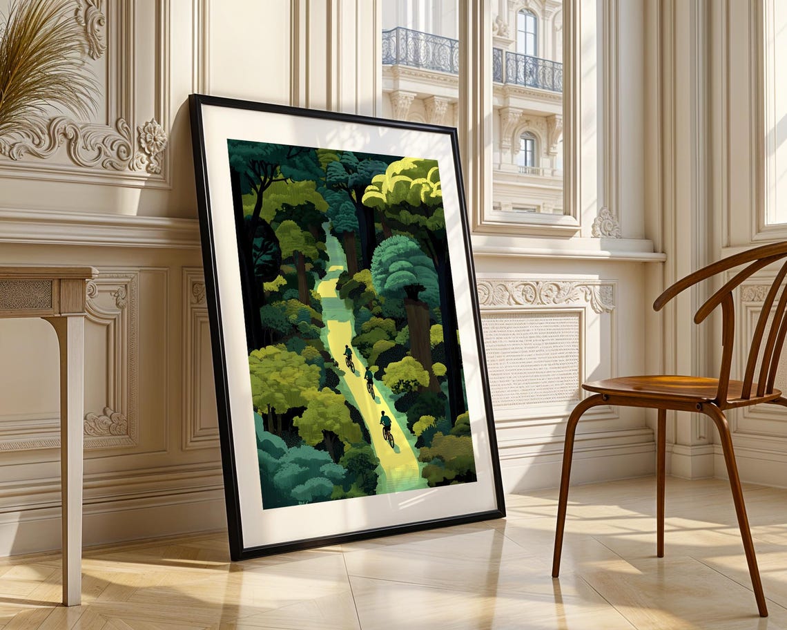 Cyclists on Forest Path Tall Green Trees Minimalist Style Poster - Image 3