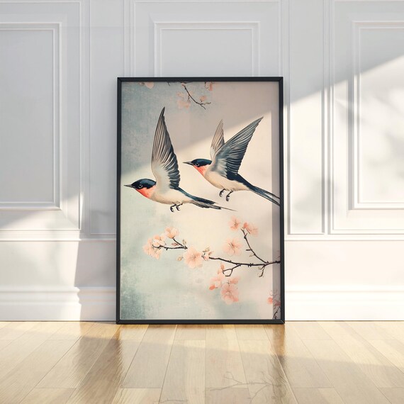 Japanese Swallows Flying with Pink Cherry Blossom Art Poster