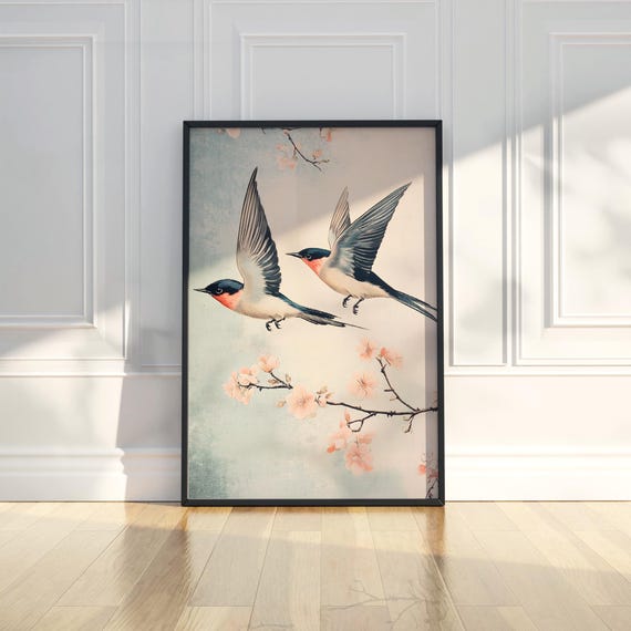 Swallow Cherry Blossom Wall Art Print Asian Bird Floral Nursery Modern Home Decor Japanese Trend Spring Poster Gift For Her