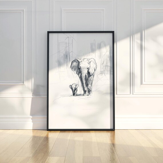 Elephant And Calf Pencil Sketch Wildlife Animal Drawing Art Poster