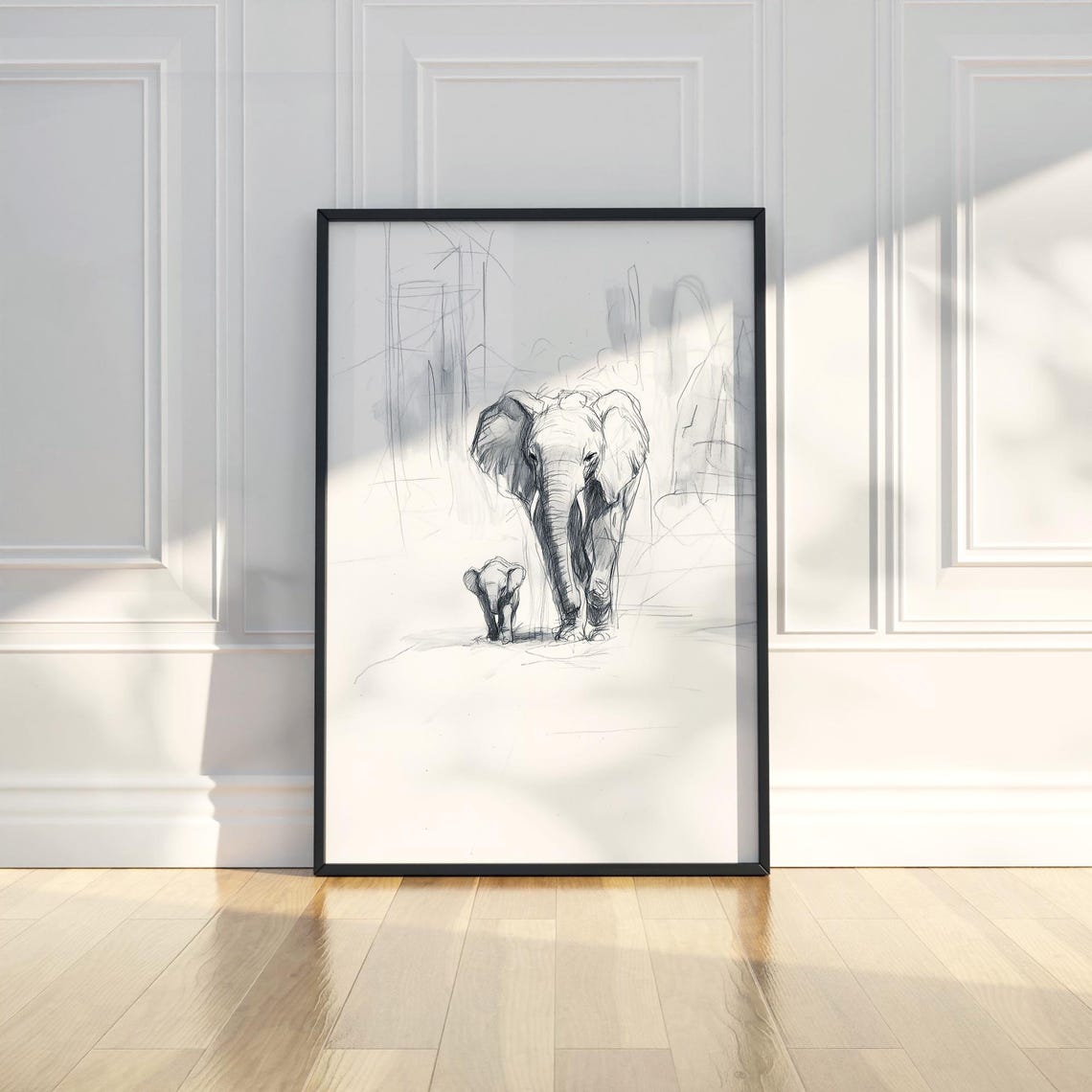 Elephant And Calf Pencil Sketch Wildlife Animal Drawing Art Poster