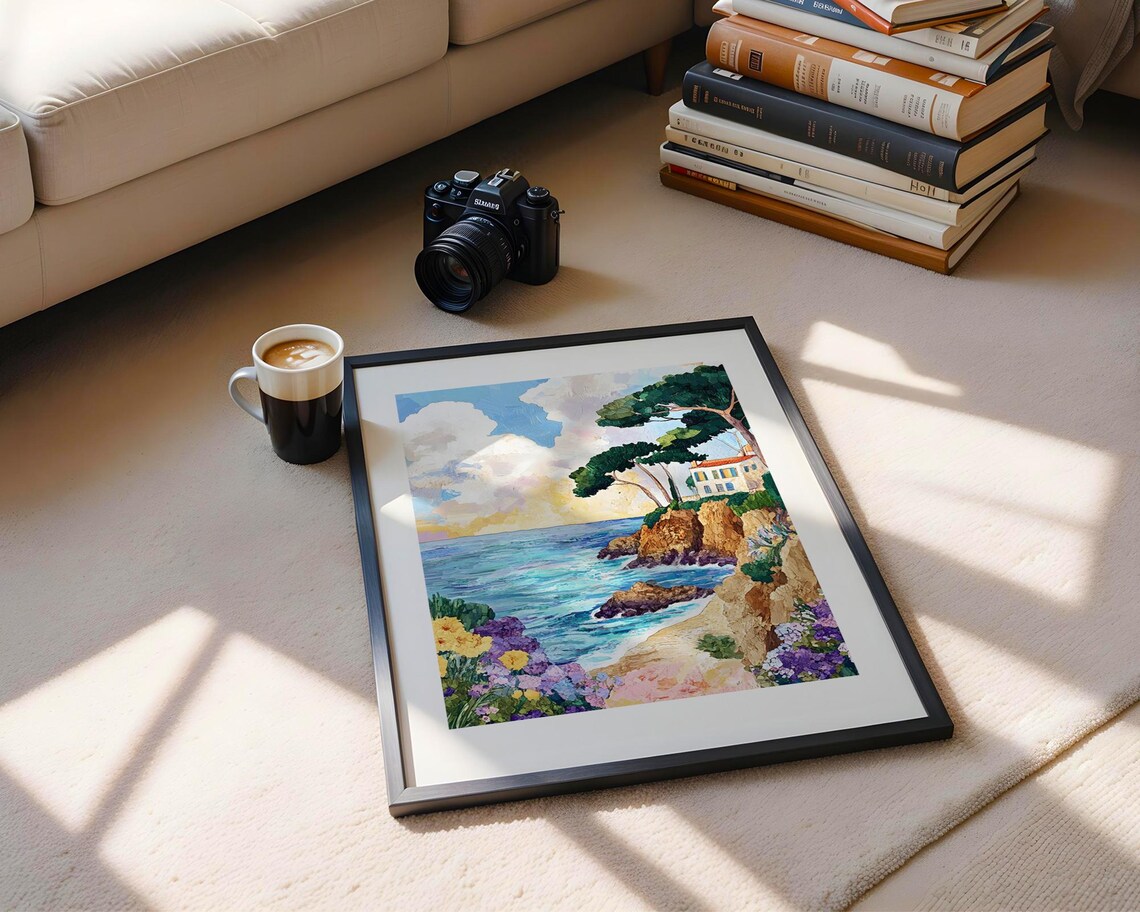 Seaside Villa On Rocky Cliffs Turquoise Coast Watercolor Landscape Poster - Image 4